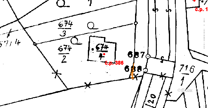 Újezd 386 na parcele st. 674/4 v KÚ Újezd u Uničova, Katastrální mapa