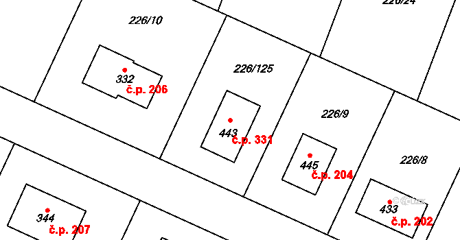 Písková Lhota 331 na parcele st. 443 v KÚ Písková Lhota, Katastrální mapa