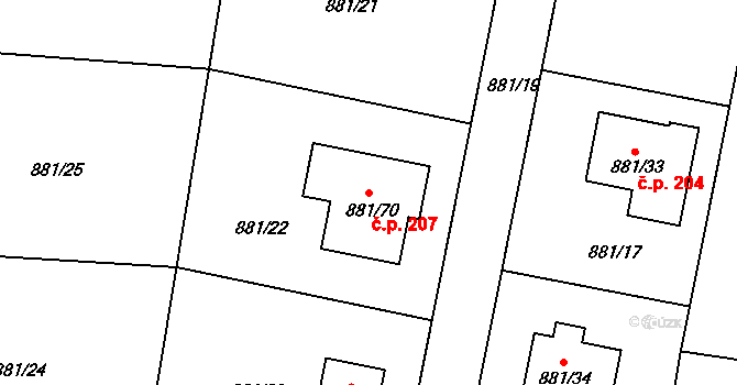 Ostrá 207 na parcele st. 881/70 v KÚ Ostrá, Katastrální mapa