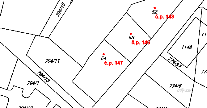 Rokytnice v Orlických horách 147 na parcele st. 54 v KÚ Rokytnice v Orlických horách, Katastrální mapa