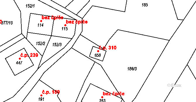 Bozkov 310 na parcele st. 658 v KÚ Bozkov, Katastrální mapa