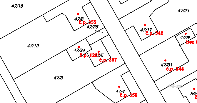 Lyžbice 357, Třinec na parcele st. 47/5 v KÚ Lyžbice, Katastrální mapa