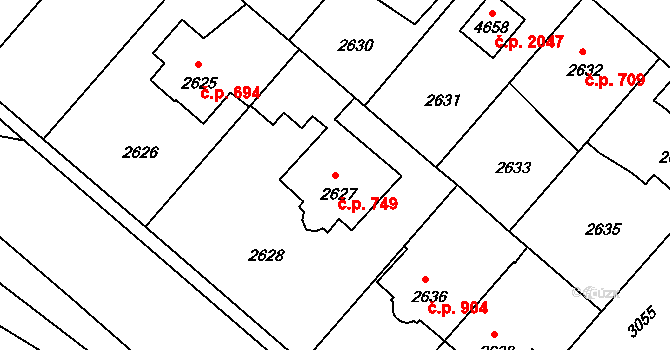 Čelákovice 749 na parcele st. 2627 v KÚ Čelákovice, Katastrální mapa