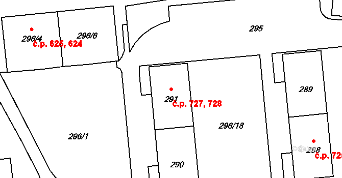Doksy 727,728 na parcele st. 290 v KÚ Doksy u Máchova jezera, Katastrální mapa