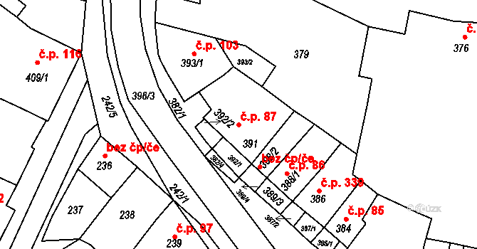 Hrušovany u Brna 87 na parcele st. 391 v KÚ Hrušovany u Brna, Katastrální mapa