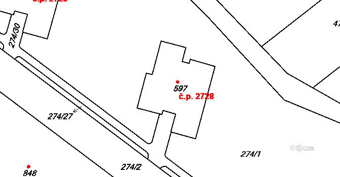 Šumperk 2728 na parcele st. 597 v KÚ Dolní Temenice, Katastrální mapa