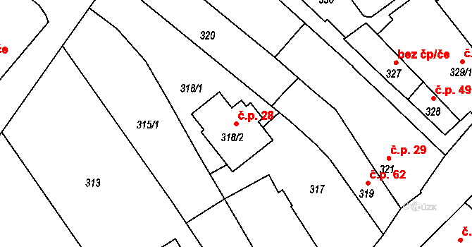 Dačice II 28, Dačice na parcele st. 318/2 v KÚ Dačice, Katastrální mapa