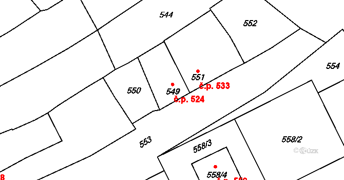 Bolelouc 524, Dub nad Moravou na parcele st. 549 v KÚ Dub nad Moravou, Katastrální mapa