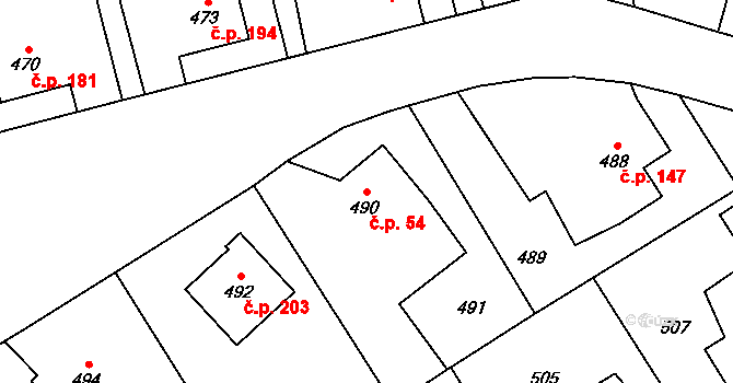 Choryně 54 na parcele st. 490/1 v KÚ Choryně, Katastrální mapa
