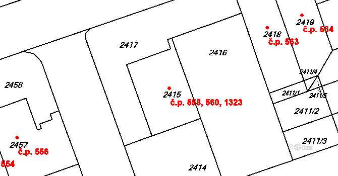 Černá Pole 558,560,1323, Brno na parcele st. 2415 v KÚ Černá Pole, Katastrální mapa