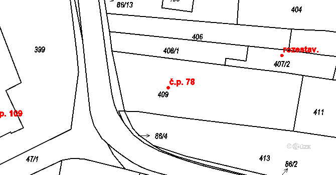 Lipůvka 78 na parcele st. 409 v KÚ Lipůvka, Katastrální mapa