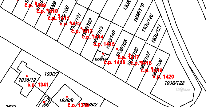 Trnovany 1416, Teplice na parcele st. 1936/149 v KÚ Teplice-Trnovany, Katastrální mapa
