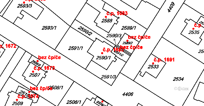 Teplice 1682 na parcele st. 2590/1 v KÚ Teplice, Katastrální mapa