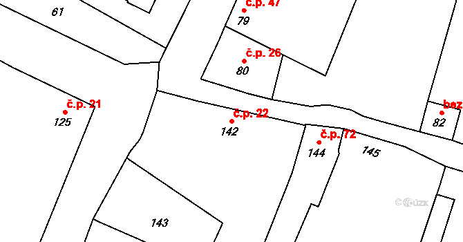 Tři Dvory 22, Litovel na parcele st. 142 v KÚ Tři Dvory u Litovle, Katastrální mapa