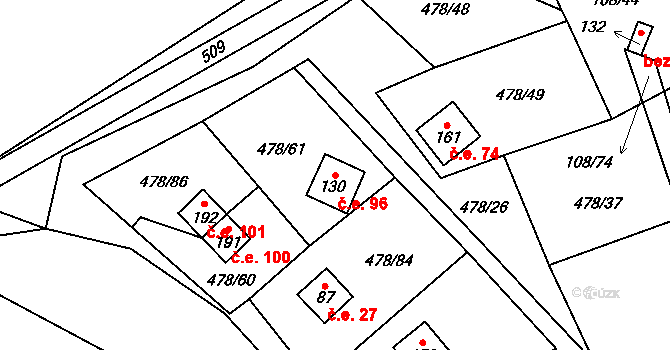Hryzely 96, Barchovice na parcele st. 130 v KÚ Hryzely, Katastrální mapa
