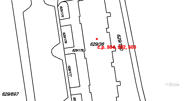 Letňany 502,503,504, Praha na parcele st. 629/36 v KÚ Letňany, Katastrální mapa
