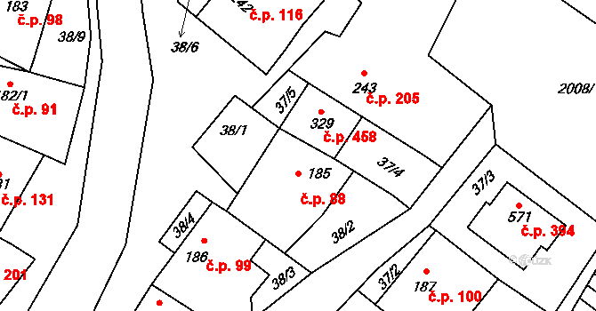 Krumvíř 88 na parcele st. 185 v KÚ Krumvíř, Katastrální mapa