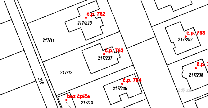 Prušánky 763 na parcele st. 217/237 v KÚ Prušánky, Katastrální mapa
