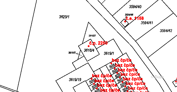 Řečkovice 2250, Brno na parcele st. 3618/4 v KÚ Řečkovice, Katastrální mapa
