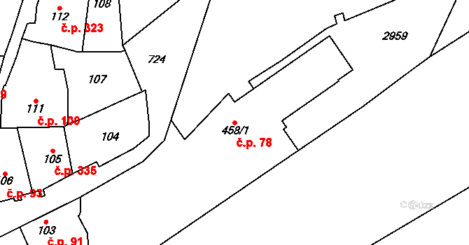 Choceň 78 na parcele st. 458/1 v KÚ Choceň, Katastrální mapa