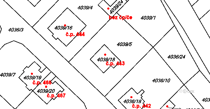 Choceňské Předměstí 443, Vysoké Mýto na parcele st. 4039/18 v KÚ Vysoké Mýto, Katastrální mapa