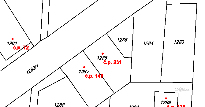 Dolní Žukov 231, Český Těšín na parcele st. 1286 v KÚ Dolní Žukov, Katastrální mapa