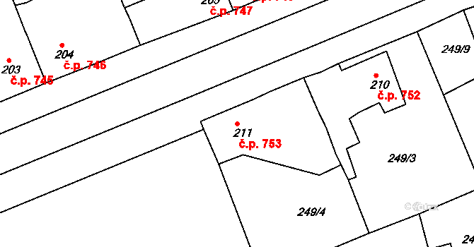 Rudná 753 na parcele st. 211 v KÚ Hořelice, Katastrální mapa