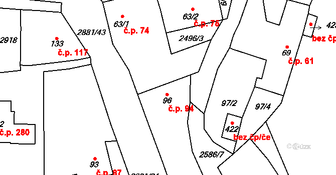 Ledce 94 na parcele st. 96 v KÚ Ledce u Plzně, Katastrální mapa