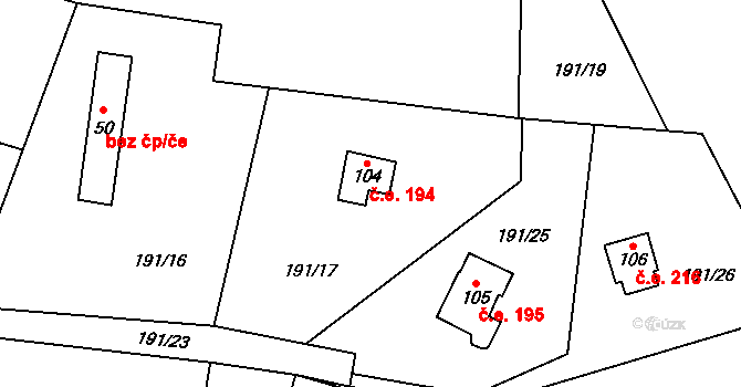 Lipka 194, Horní Bradlo na parcele st. 104 v KÚ Lipka, Katastrální mapa