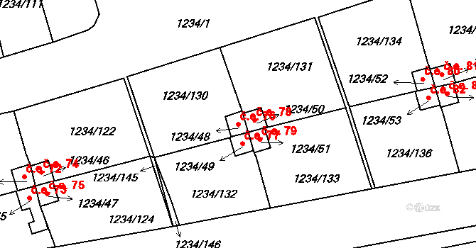 Vejprnice 76 na parcele st. 1234/48 v KÚ Vejprnice, Katastrální mapa