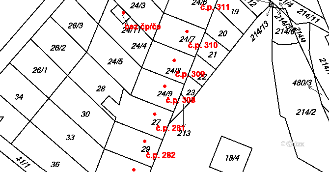 Jestřebí 308, Rájec-Jestřebí na parcele st. 24/9 v KÚ Jestřebí, Katastrální mapa