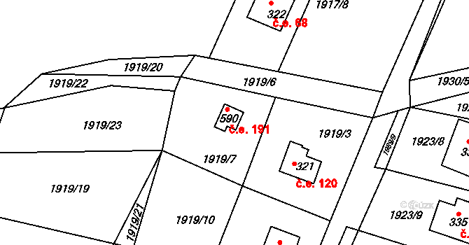 Losiná 191 na parcele st. 590 v KÚ Losiná u Plzně, Katastrální mapa