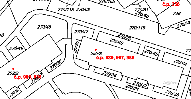 Dobruška 987,988,989 na parcele st. 252/3 v KÚ Dobruška, Katastrální mapa