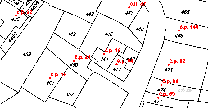 Rychlov 16, Bystřice pod Hostýnem na parcele st. 444 v KÚ Rychlov u Bystřice pod Hostýnem, Katastrální mapa