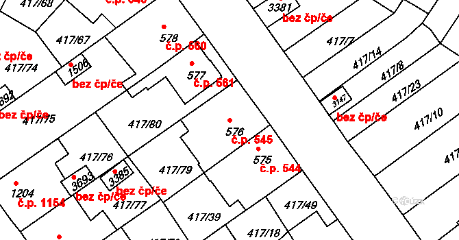 Bystřice pod Hostýnem 545 na parcele st. 576 v KÚ Bystřice pod Hostýnem, Katastrální mapa