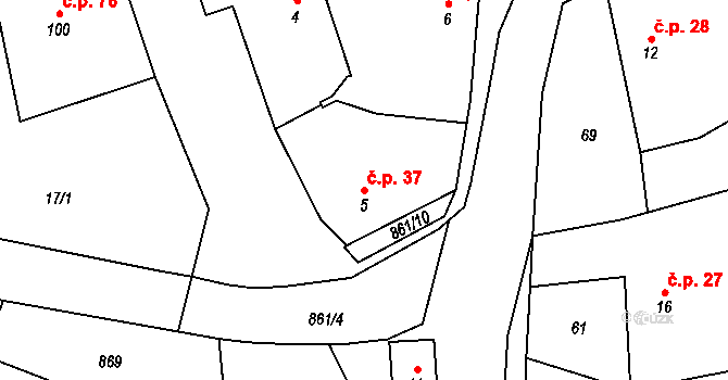 Lazníčky 37 na parcele st. 5 v KÚ Lazníčky, Katastrální mapa