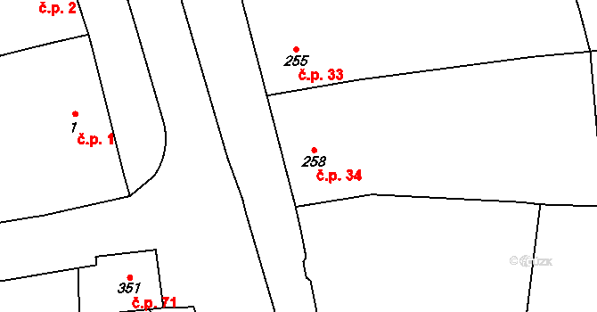 Uhřičice 34 na parcele st. 258 v KÚ Uhřičice, Katastrální mapa