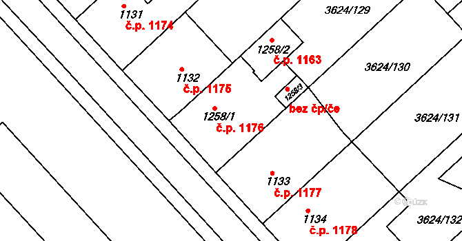 Veselí nad Moravou 1176 na parcele st. 1258/1 v KÚ Veselí-Předměstí, Katastrální mapa