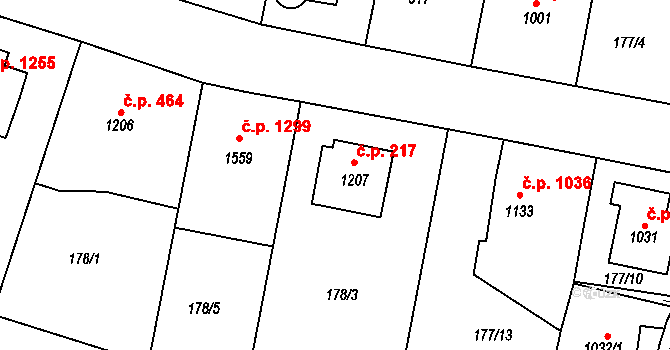 Český Brod 217 na parcele st. 1207 v KÚ Český Brod, Katastrální mapa