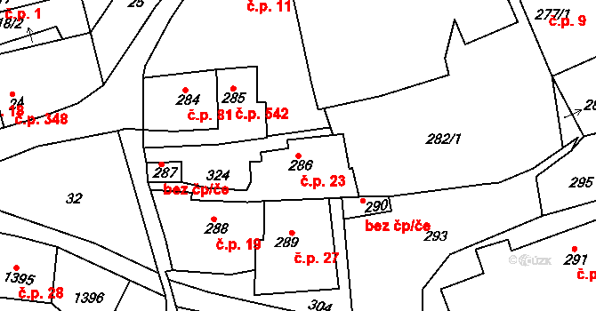 Švermov 23, Kladno na parcele st. 286 v KÚ Motyčín, Katastrální mapa