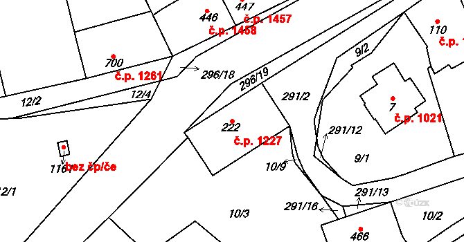 Švermov 1227, Kladno na parcele st. 222 v KÚ Hnidousy, Katastrální mapa