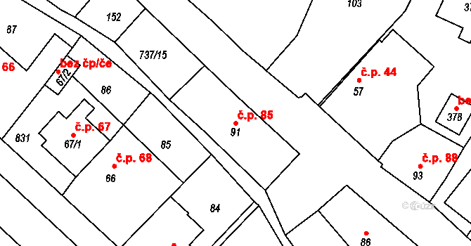 Stěžery 85 na parcele st. 91 v KÚ Stěžery, Katastrální mapa