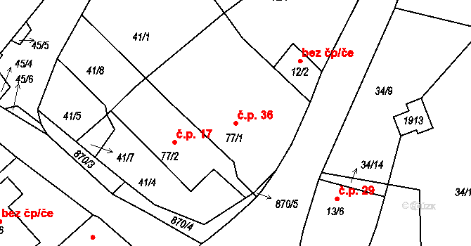 Jaronice 36, Dubné na parcele st. 77/1 v KÚ Jaronice, Katastrální mapa