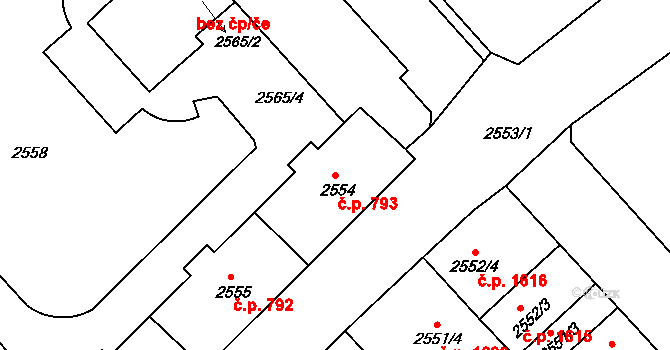 Střekov 793, Ústí nad Labem na parcele st. 2554 v KÚ Střekov, Katastrální mapa