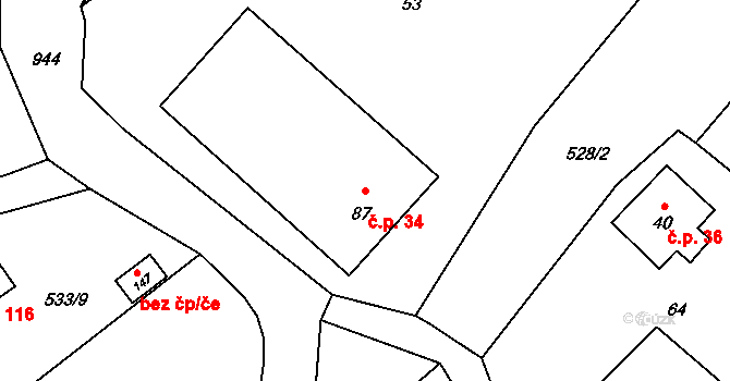 Sobkovice 34 na parcele st. 87 v KÚ Sobkovice, Katastrální mapa