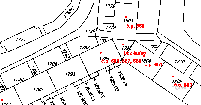 Komárov 657,658,659, Brno na parcele st. 1792 v KÚ Komárov, Katastrální mapa