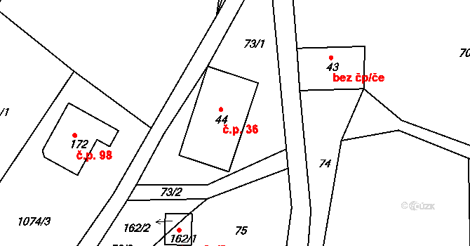 Horská Kamenice 36, Železný Brod na parcele st. 44 v KÚ Horská Kamenice, Katastrální mapa