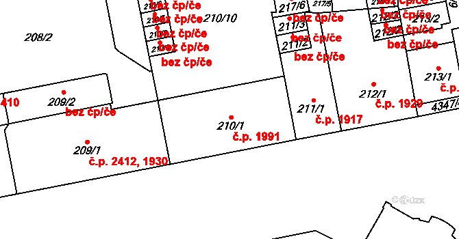Teplice 1991 na parcele st. 210/1 v KÚ Teplice, Katastrální mapa