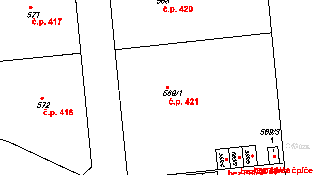 Svatava 421 na parcele st. 569/1 v KÚ Svatava, Katastrální mapa