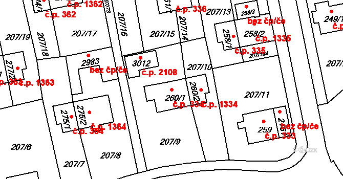 Sezimovo Ústí 334 na parcele st. 260/1 v KÚ Sezimovo Ústí, Katastrální mapa